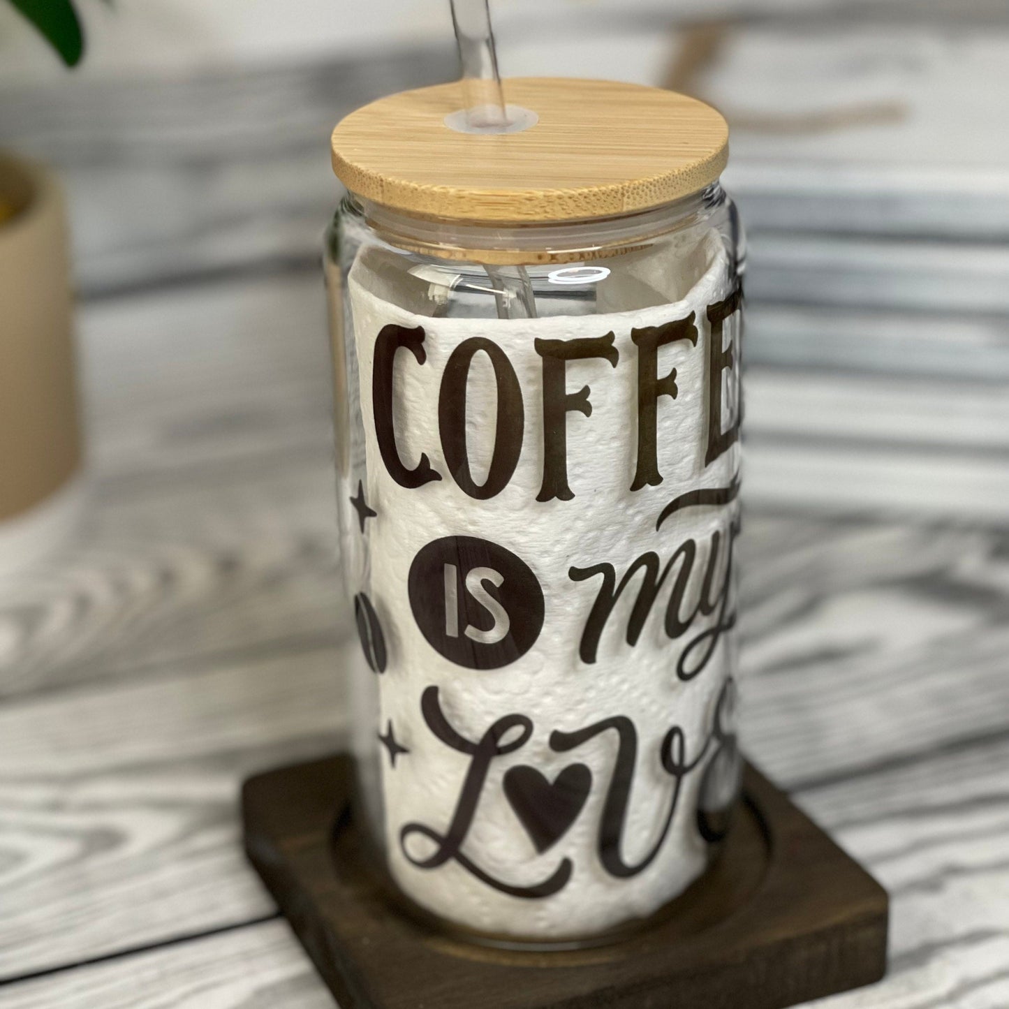 Iced Coffee Glass Cup (16 oz) with Bamboo Lid & Plastic Straw