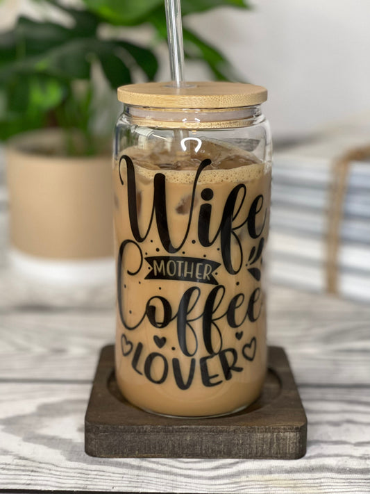 Iced Coffee Glass Cup (16 oz) with Bamboo Lid & Straw