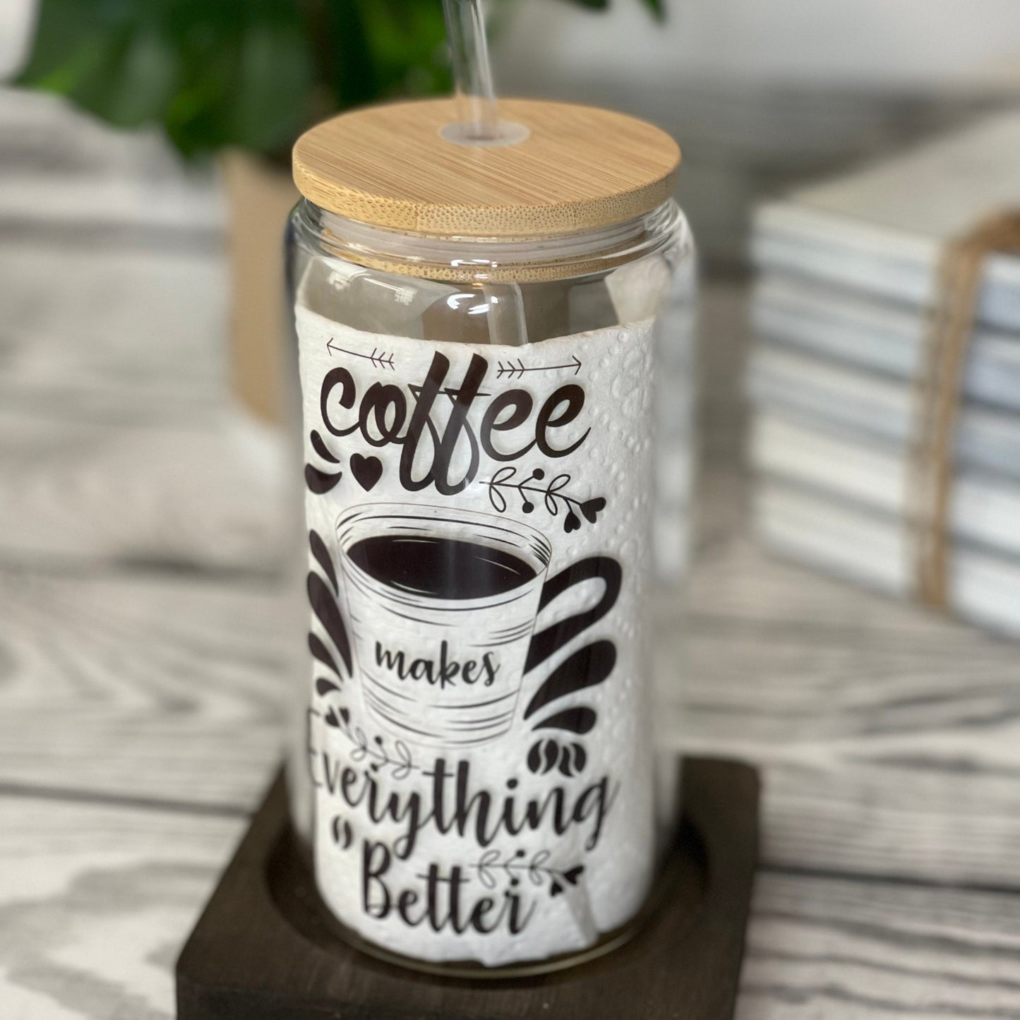 Iced Coffee Glass Cup (16 oz) with Bamboo Lid & Straw