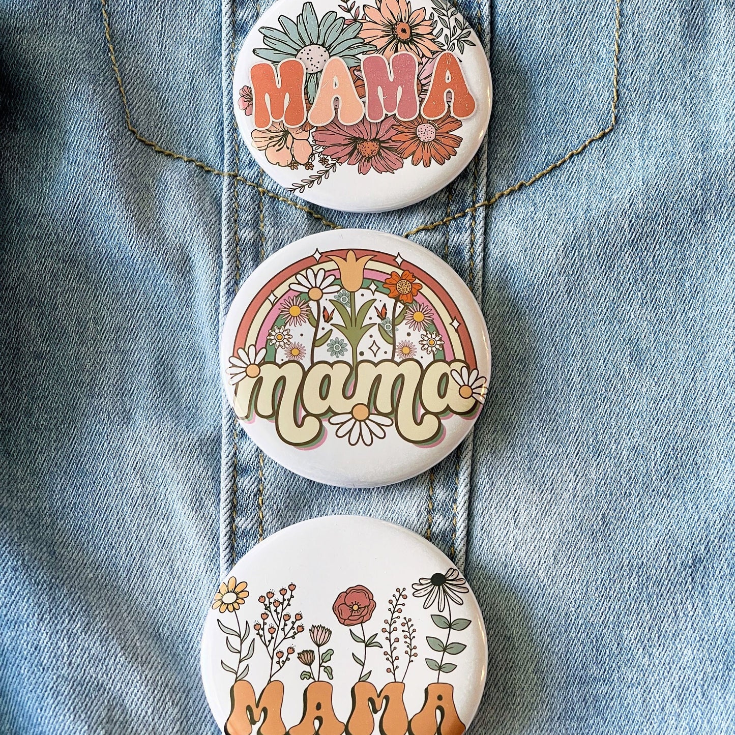 Mama Pin Button Badge, rainbow wild flowers mama round Button, pinback Buttons, gift for mom, boho pinback button