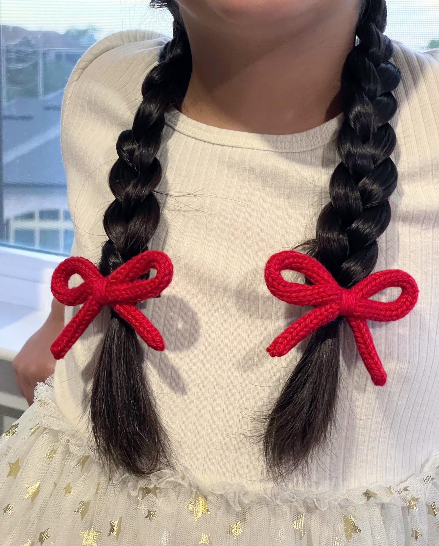 Christmas Crochet Bow Hair Clip Set: Knitted Cotton Pigtail Bows