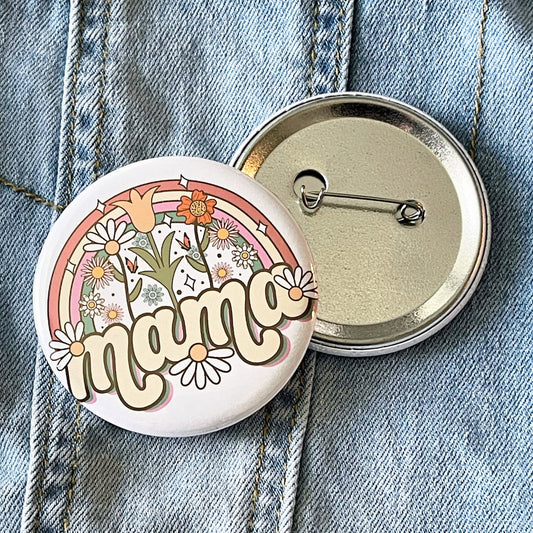 Mama Pin Button Badge, rainbow wild flowers mama round Button, pinback Buttons, gift for mom, boho pinback button