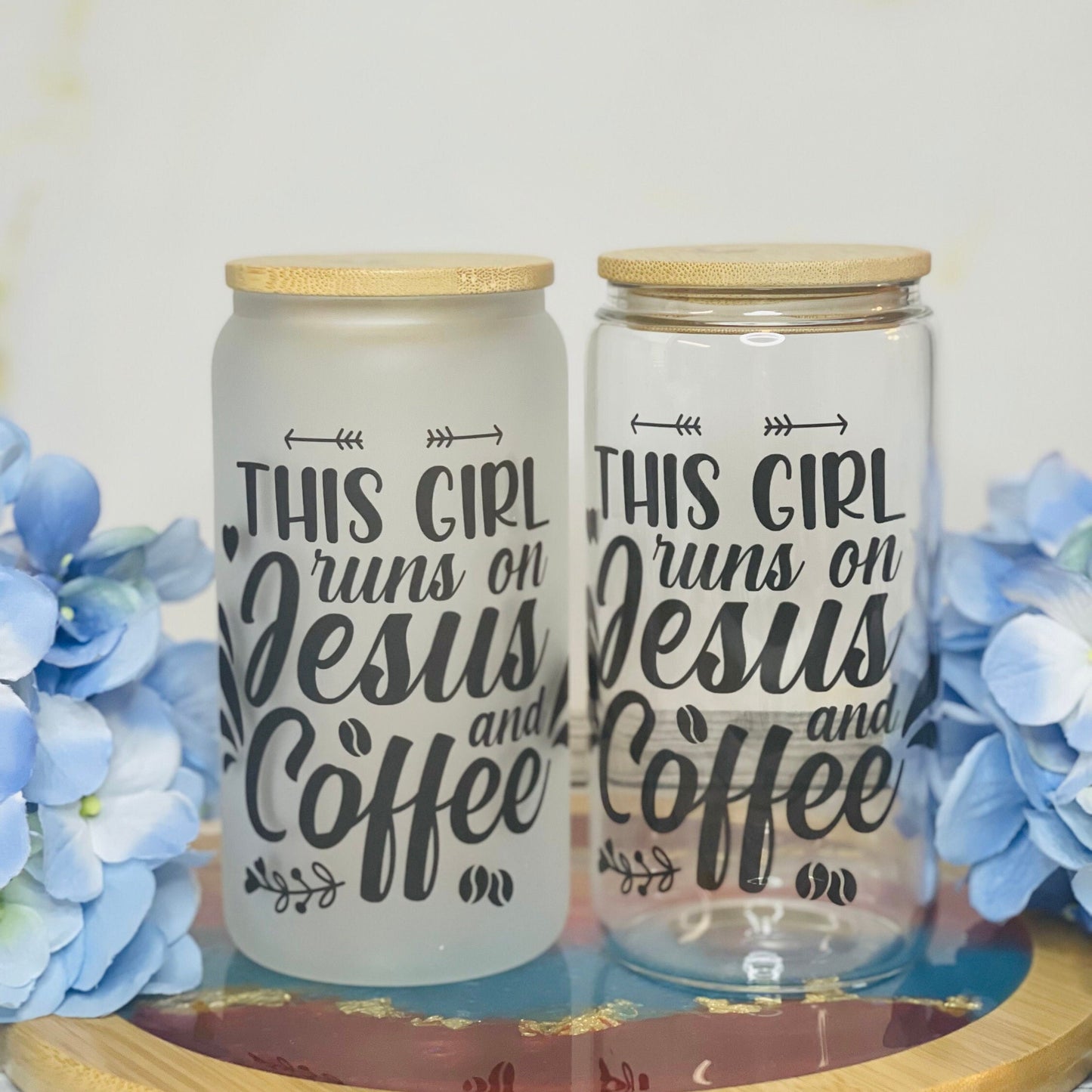 Christian Coffee Glass: 16 oz Iced Coffee Cup with Bamboo Lid