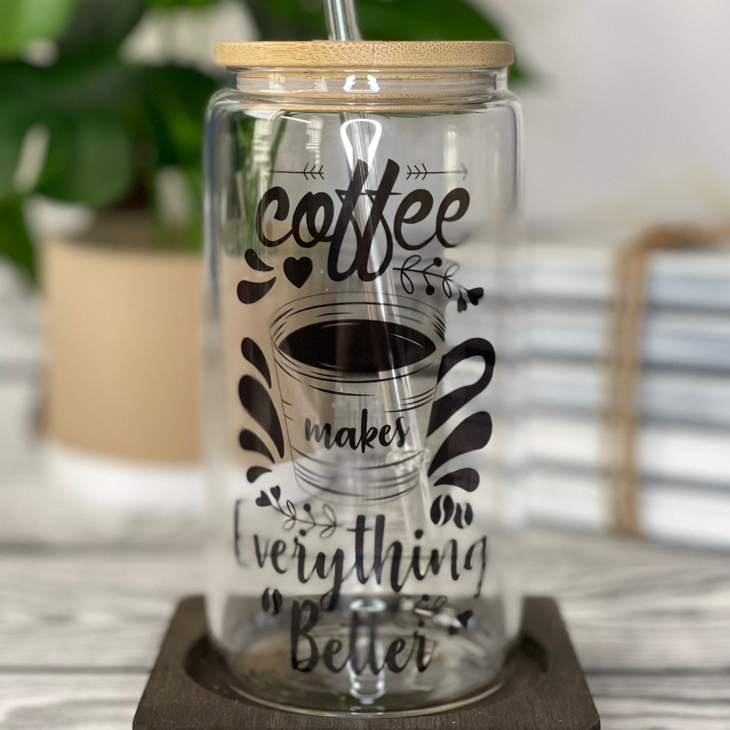 Iced Coffee Glass Cup (16 oz) with Bamboo Lid & Straw