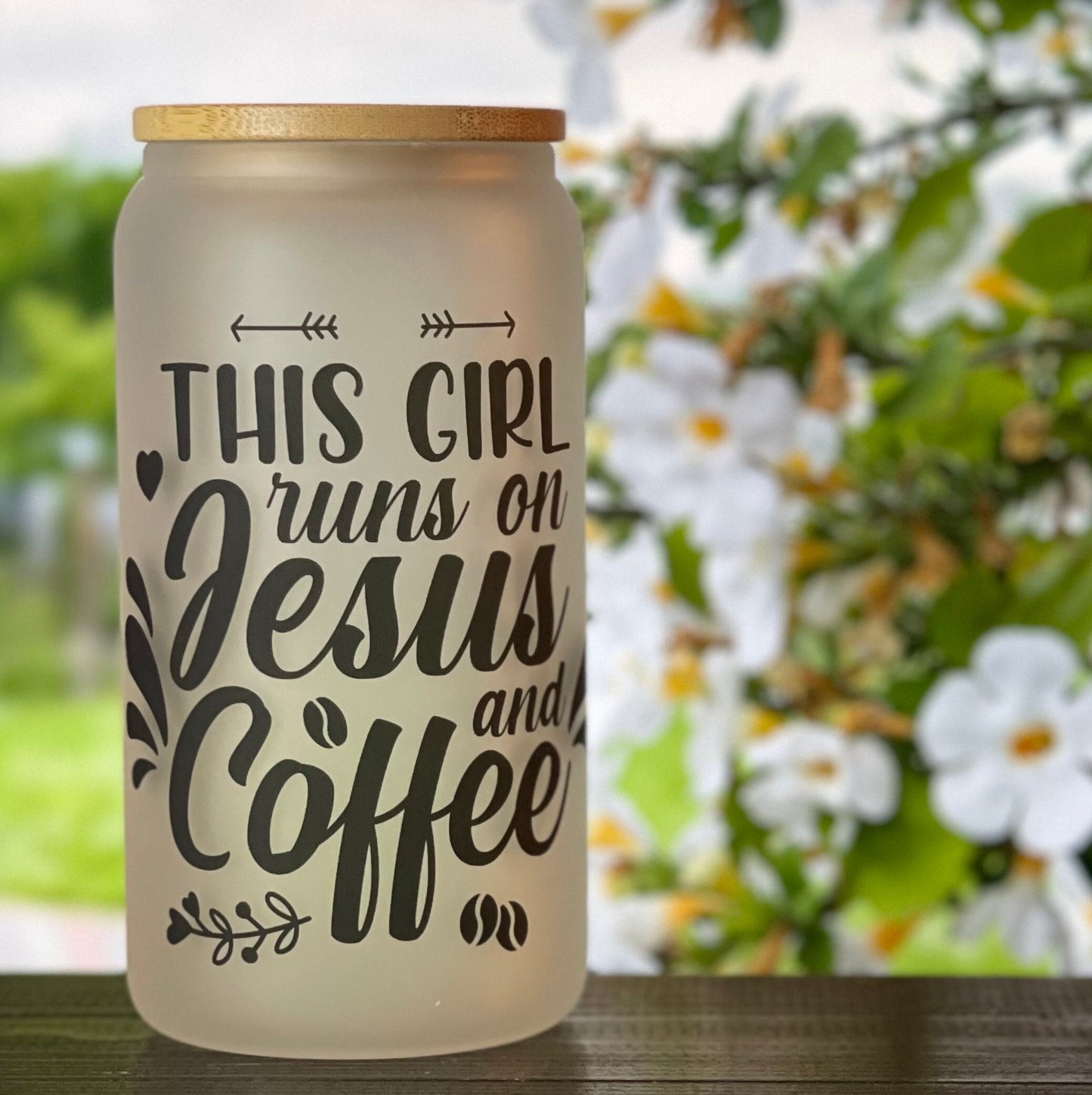 Christian Coffee Glass: 16 oz Iced Coffee Cup with Bamboo Lid