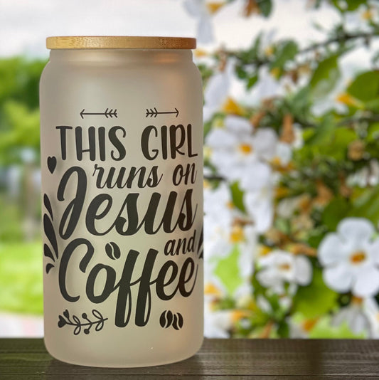 Christian Coffee Glass: 16 oz Iced Coffee Cup with Bamboo Lid