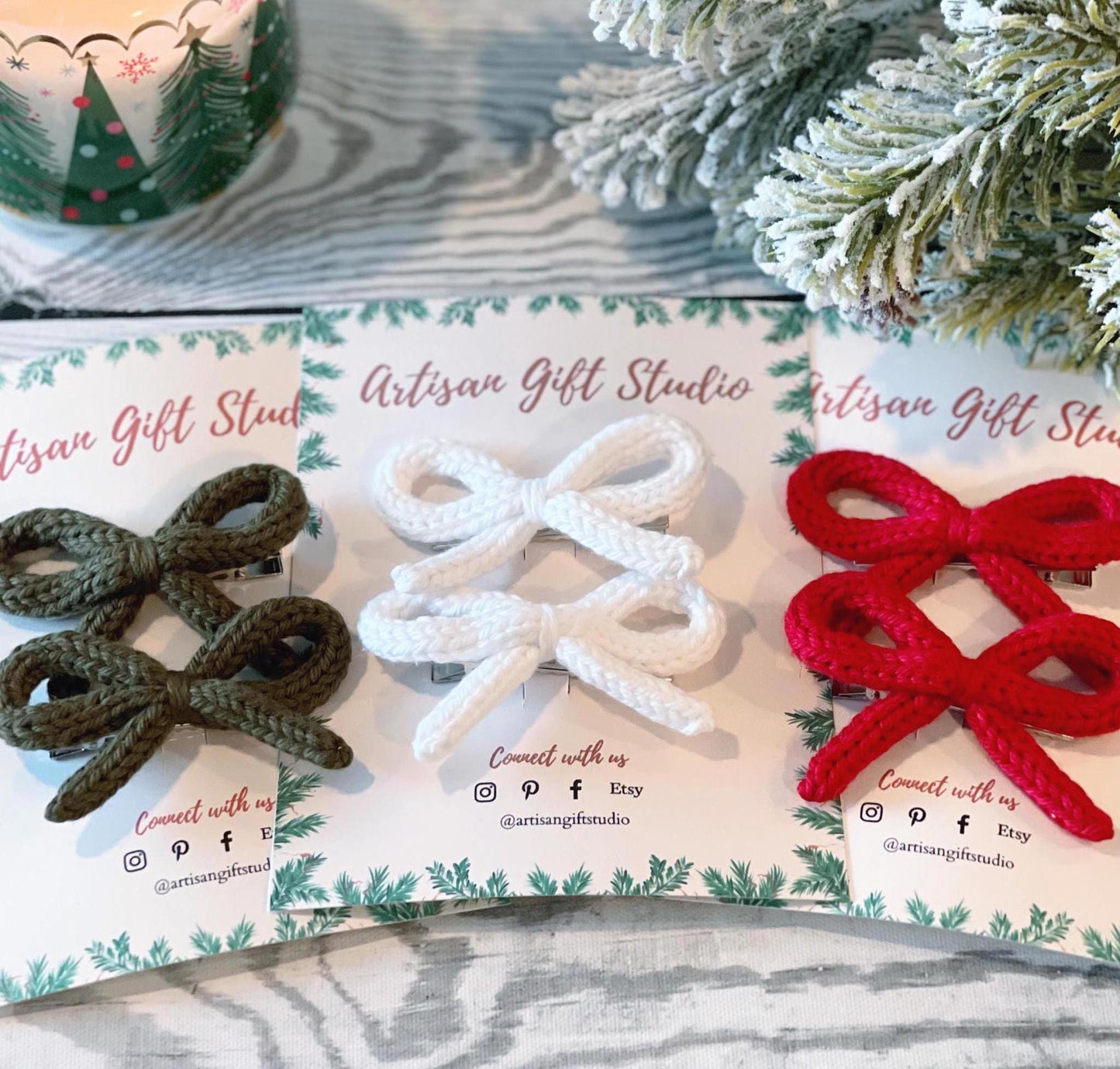 Christmas Crochet Bow Hair Clip Set: Knitted Cotton Pigtail Bows