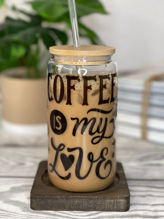Iced Coffee Glass Cup (16 oz) with Bamboo Lid & Plastic Straw
