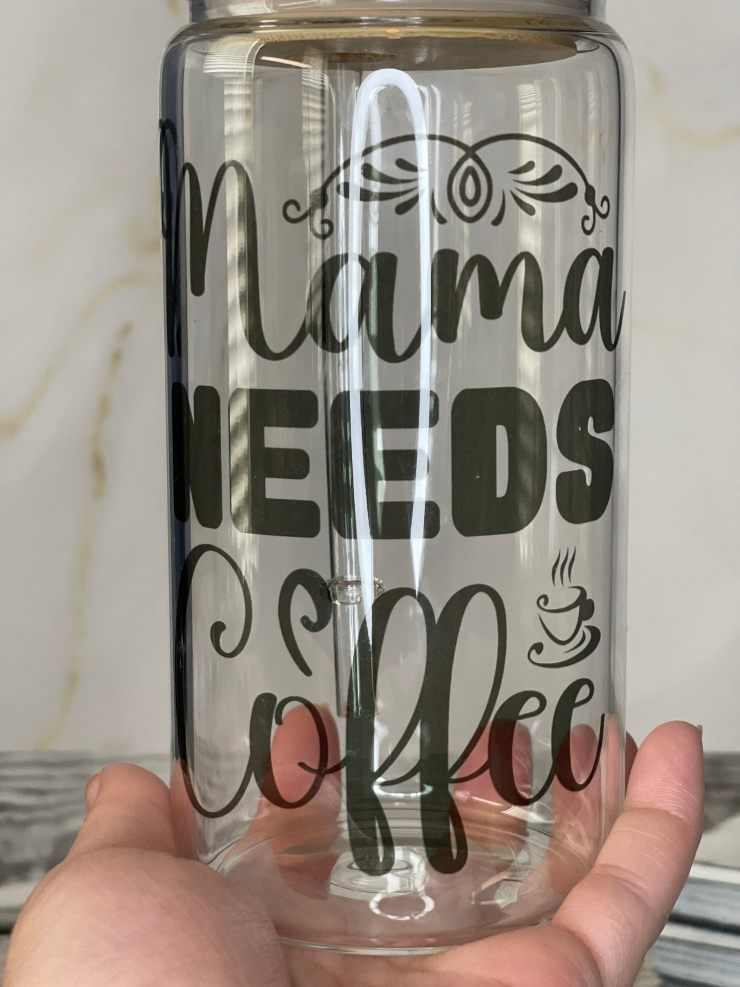 Iced Coffee Glass Cup (16 oz) with Bamboo Lid and Straw