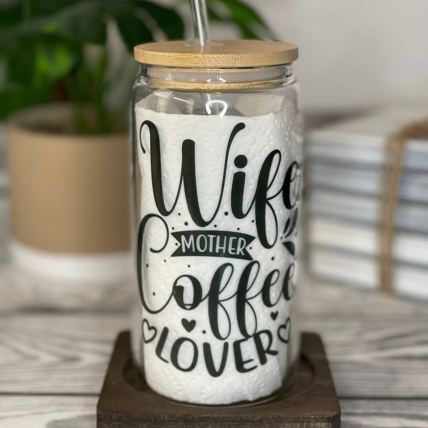 Iced Coffee Glass Cup (16 oz) with Bamboo Lid & Straw