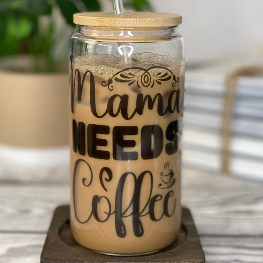 Iced Coffee Glass Cup (16 oz) with Bamboo Lid and Straw