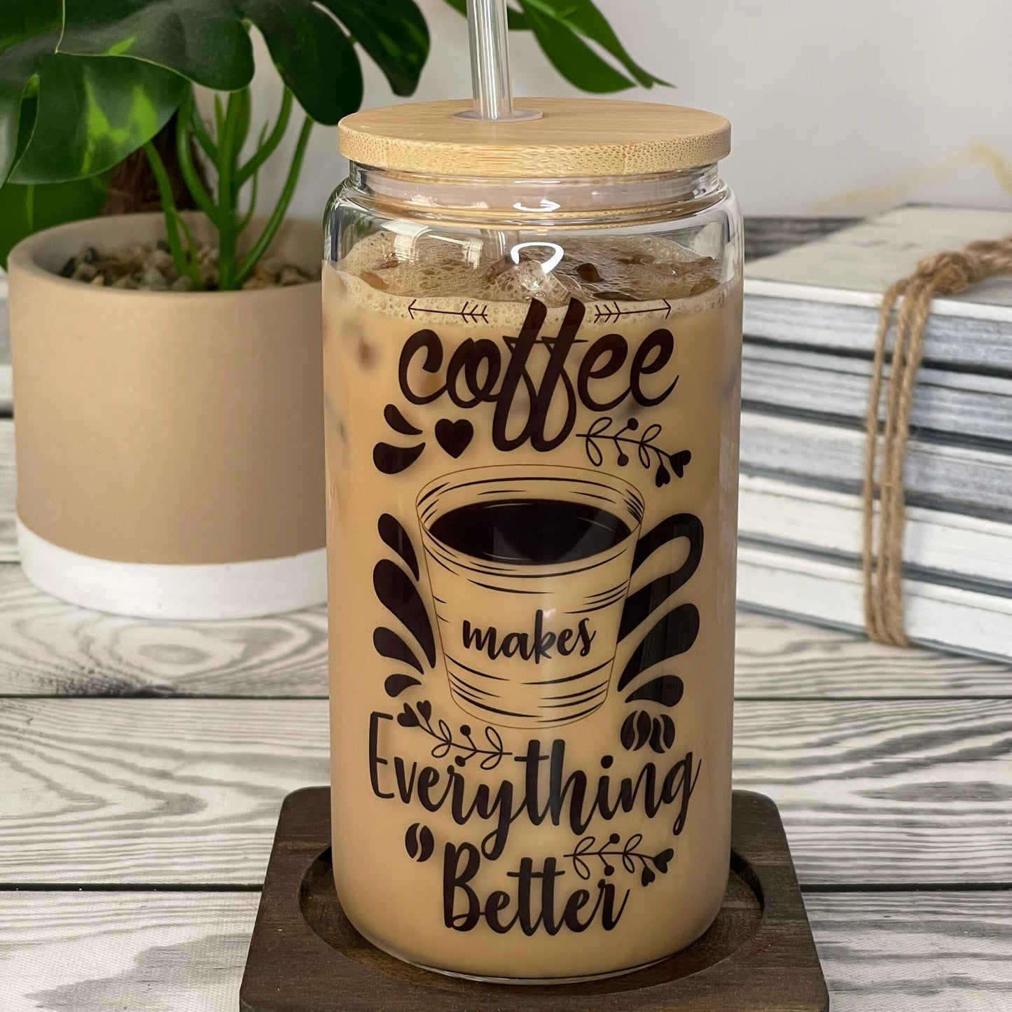 Iced Coffee Glass Cup (16 oz) with Bamboo Lid & Straw