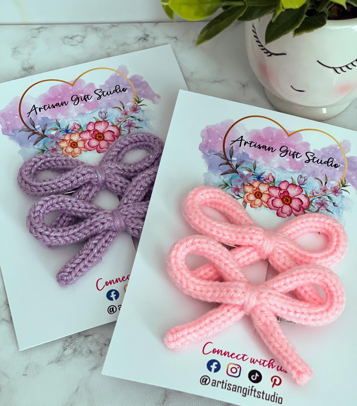 Valentines Day Crochet Bow Hair Clip Set: Knitted Cotton Pigtail Bows