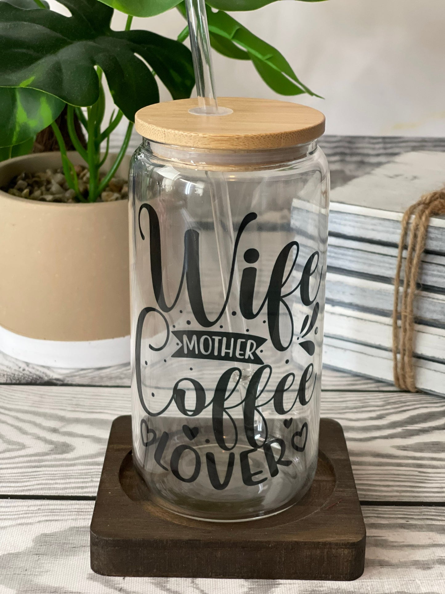 Iced Coffee Glass Cup (16 oz) with Bamboo Lid & Straw