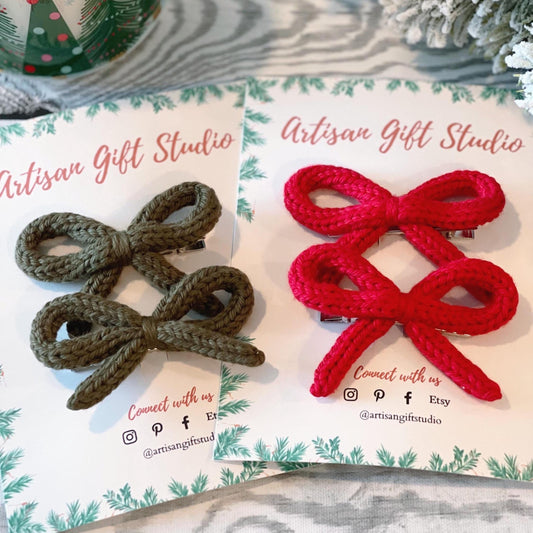 Christmas Crochet Bow Hair Clip Set: Knitted Cotton Pigtail Bows