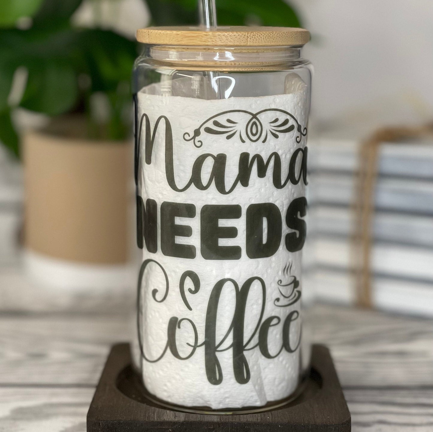 Iced Coffee Glass Cup (16 oz) with Bamboo Lid and Straw