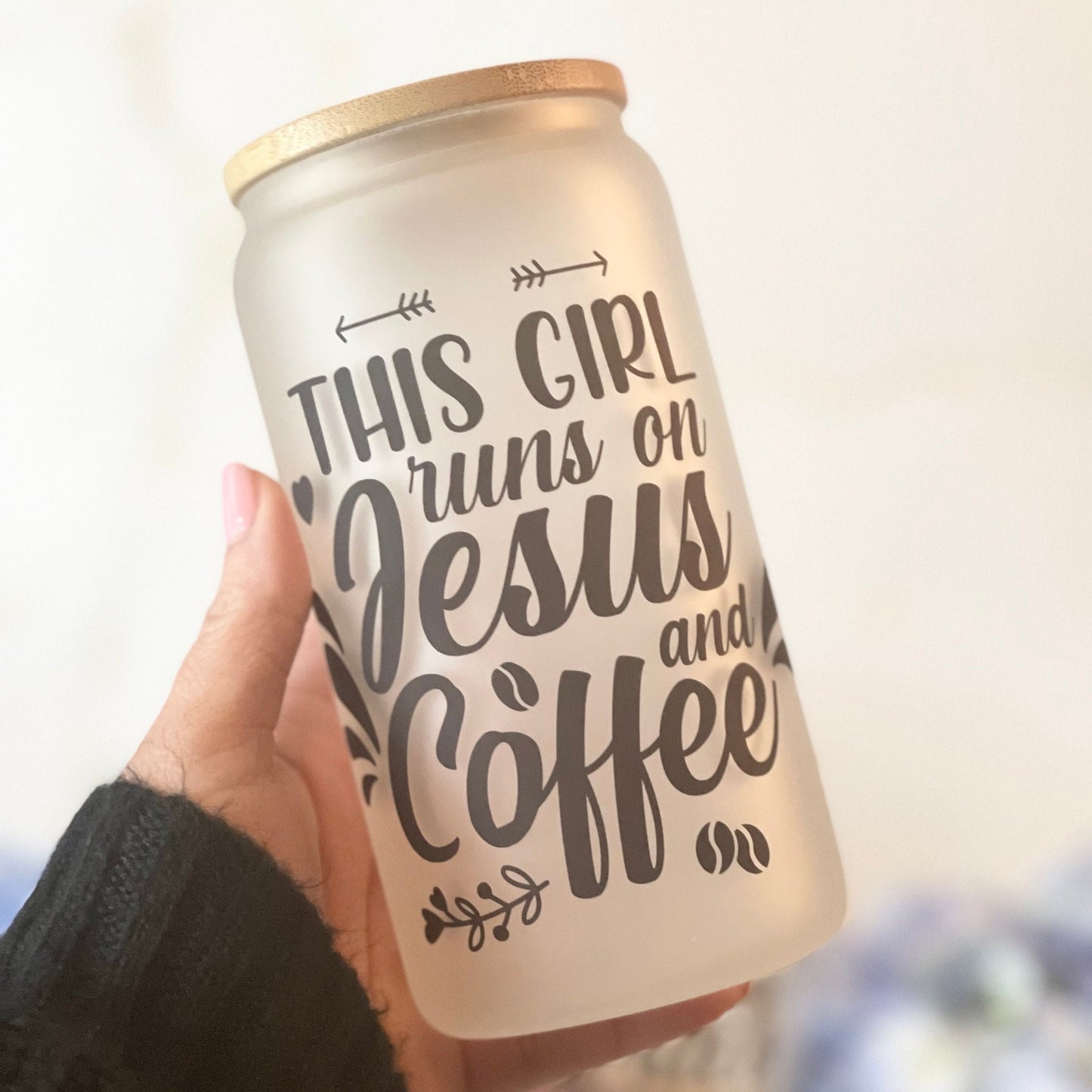 Christian Coffee Glass: 16 oz Iced Coffee Cup with Bamboo Lid