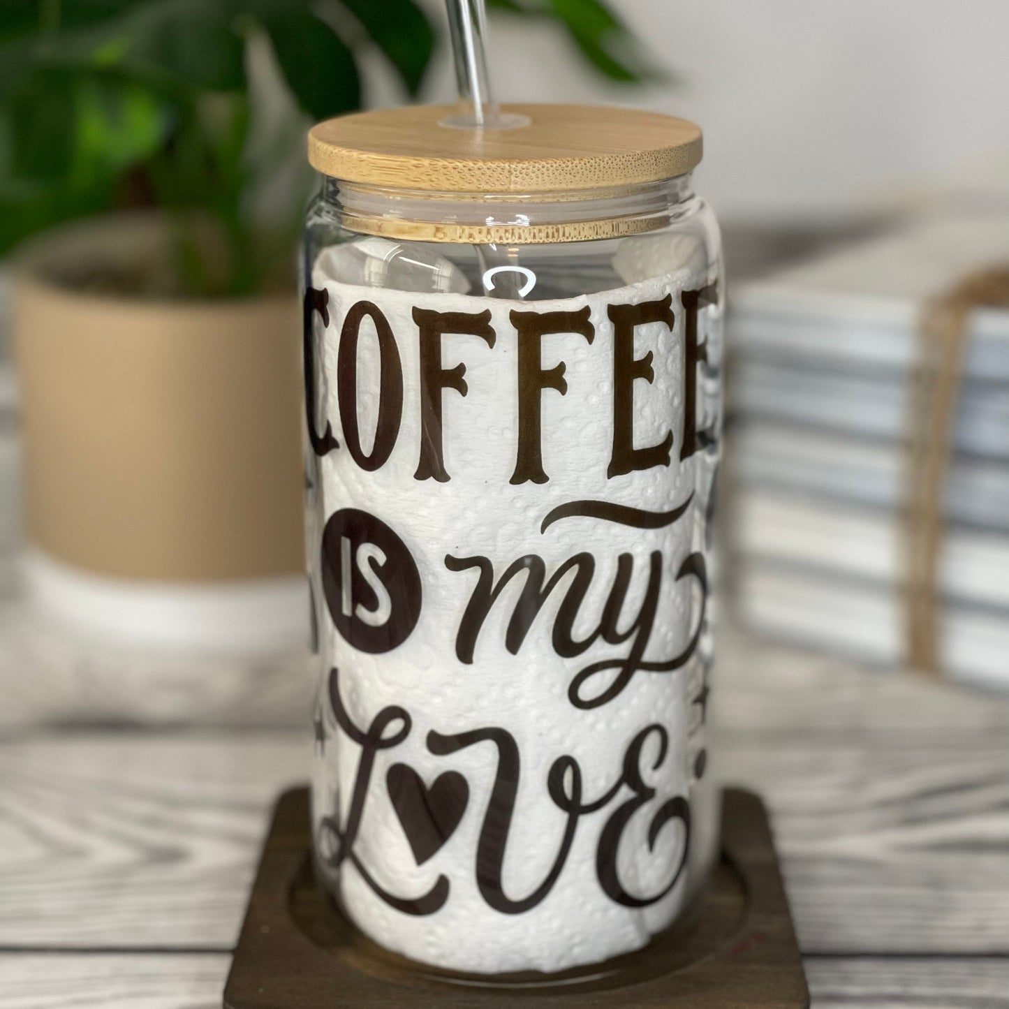 Iced Coffee Glass Cup (16 oz) with Bamboo Lid & Plastic Straw